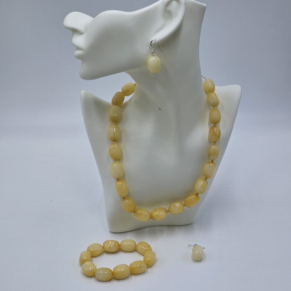Yellow Jade Stone Bead Necklace Earring Bracelet Parure 925 Sterling Heavy GSJ